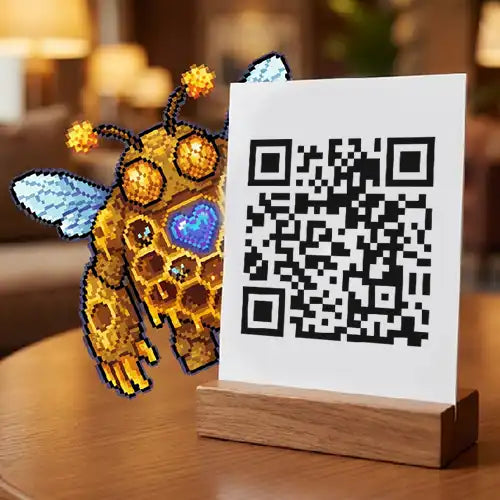 Honey bee Quzu Critters character peeking from behind real-world QR code sign