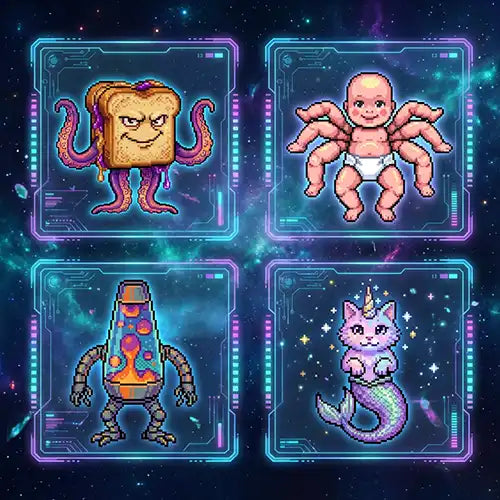 Illustration of four Quzu Critters: multi-armed babydoll, PB&J squid sandwich, lava lamp creature, merkittycorn.