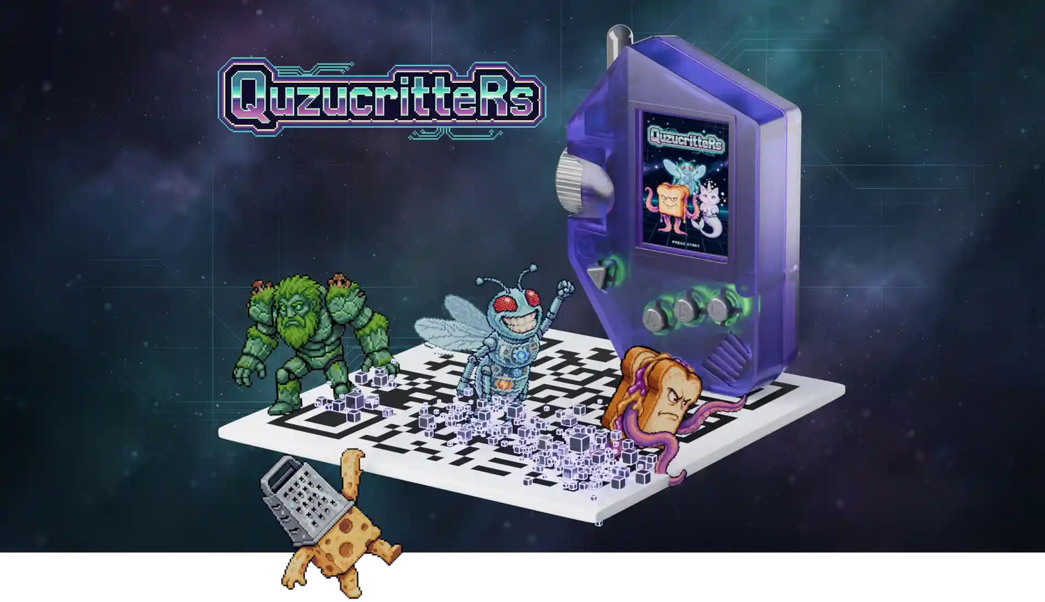 Quzu Scanner with four Quzu Critters emerging from a QR code